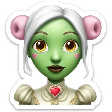 a green amazon alien woman in Victorian white gold, pink hair,holdig, red big hearth, full body sticker