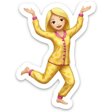 yellow-skinned woman dancing in her pajamas, cheerful expression sticker