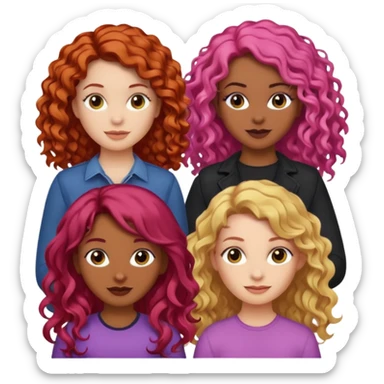 5 girlsone curly redhead, one with brunette dyed blonde hair, one long haired wavy brunette, one mid-length haired brunette, and one black haired girl with partially dyed bright red/pink hair sticker