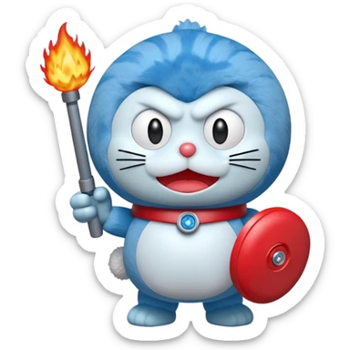 Red angry doraemon plush holding a nuke button sticker