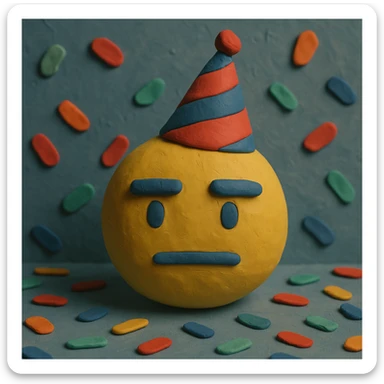 deadpan emoji with a straight mouth, wearing a party hat and surrounded by confetti, claymation style sticker