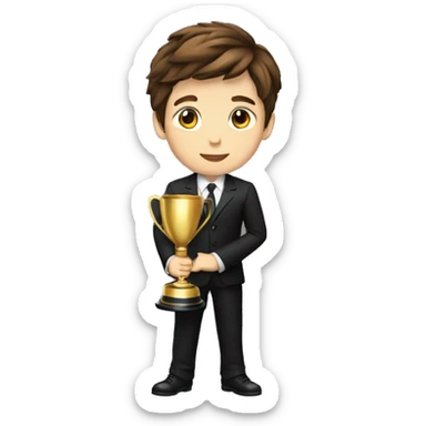 A boy with brown hair with a black suit holding a trophey, full body sticker