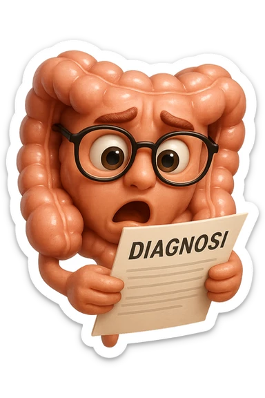 EMOJI STILE IPHONE DI UN INTESTINO CON GLI OCCHIALI CHE LEGGE UN FOGLIO CON LA SCRITTA DIAGNOSI, ESPRESSIONE STUPITA IN VOLTO, IPERREALISTICO 4K sticker