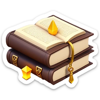 Clash of Clans aesthetic: Cinematic Playful 3D Isometric Spell Book Emoji, rendered in a 3D vector-style similar to standard emojis with minimal shading and bold, simplified shapes. A compact, distinct form with signature details, softly glowing with a fantasy RPG magic charm. Simplified yet unmistakably iconic, highly detailed and consistent, glowing with a soft radiance and high shine. Stylized with a touch of heroic grandeur and a soft glowing outline, capturing the essence of a beloved gaming relic with a friendly, playful manner! sticker