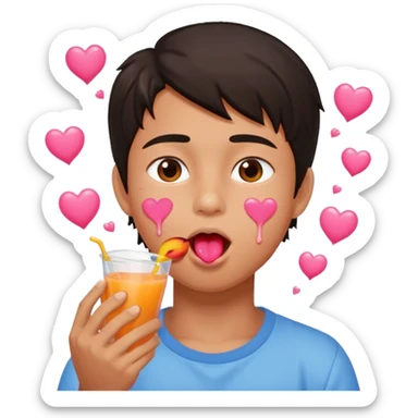 Cute boy, grown out dark hair, eating a peach, pink hearts floating , water dripping from mouth sticker