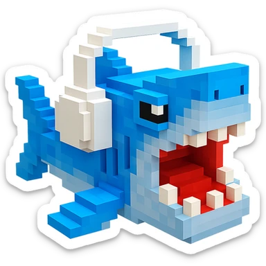 voxel style shark with white headphones, open mouth, blocky, blue and silver, no background sticker