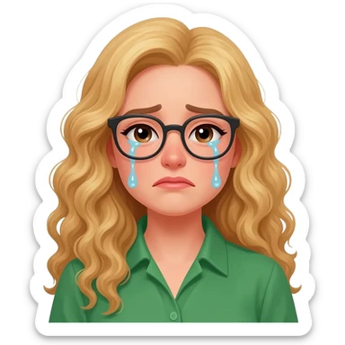green shirt crying woman with long curly blonde hair an glasses sticker