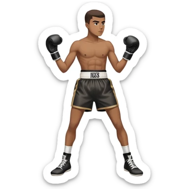 19-year-old lightweight Black male boxer in boxing stance, full body view, lean athletic build, boxing gloves, boxing shorts sticker