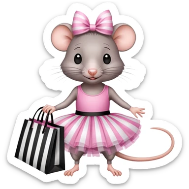 rat with a pink dress and tutu holding a black and white striped shopping bag sticker