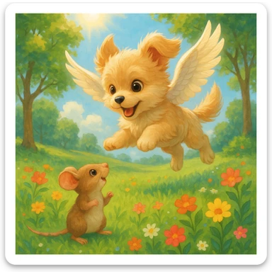 a fantasy scene of a winged dog flying over a mouse in a park, cheerful and cute sticker