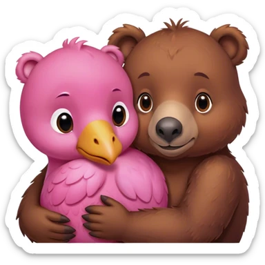 A cute brown bear and a cute pink dodo closely snuggled together sticker