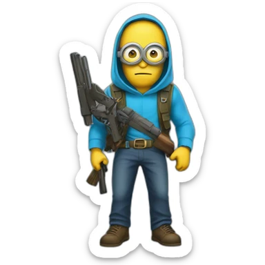 invisible minion in a blue sleeveless shirt with a hood, only his glasses are visible, he holds two guns, he has a belt with a gold insert in the shape of a star sticker