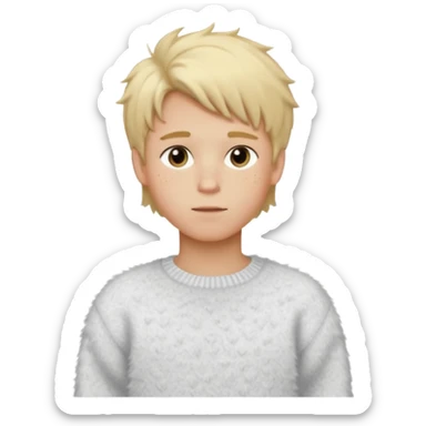 create-a-look-for-a-blond-boy-with-long-tousled-hair-light-eyes-a-white-sweat + fluffy white sweater + styled hair blonde with hair to the side cute + cute face with freckles  medium hair fluffy to the side no long hair cute hair sticker