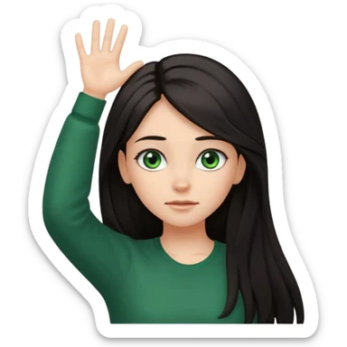 Animated girl dark long hair green eyes emoji holding right side of the head with her hand with duh facial expression , hand on top of her head sticker