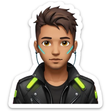 Cyberpunk street adult, hispanic, male, messy undercut, glowing earpiece, light stubble, brown eyes, neon reflections, headshot sticker
