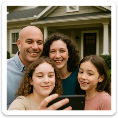 A family of four taking a selfie in front of a house: a bald dad with medium light skin, a mom with curly hair and pale skin, an older daughter with curly hair and pale skin holding the phone, and a younger daughter with straight hair and medium light skin. The two sisters look amused, and the parents are smiling. sticker