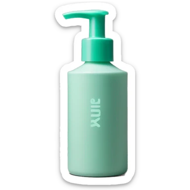 Turquoise pastel Green cosmetic bottle with a press pump lid all one colour and matte - on the front it says Kurl Kitchen in pine green colour sticker