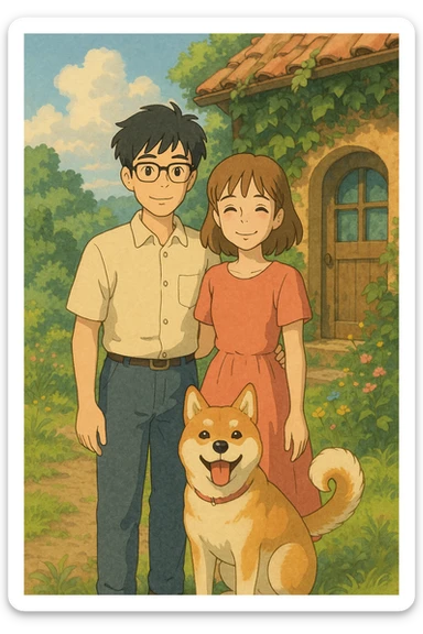 couple with pet posing for photo sticker