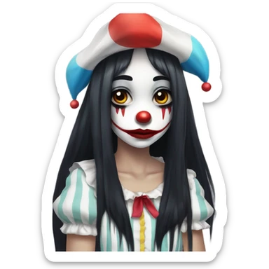 Anime style Sad clown girl with clown face paint wearing cap n bells cockcomb jester hat with long straight black hair exaggerated expression on her face  sticker
