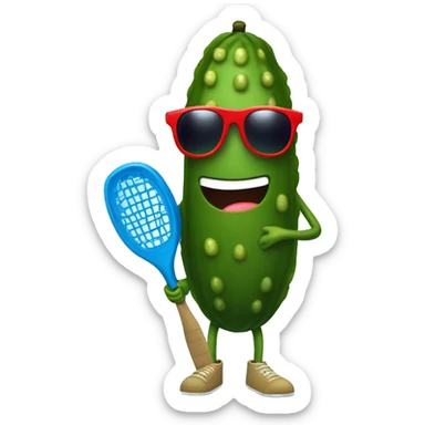 pickle with legs, holding a solid red paddle ball racket, blue backgound, wearing sunglasses sticker