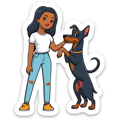 Black girl with long hair holding a Doberman dog sticker