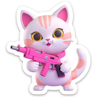 cute pink cat holding a pink gun, glossy finish, adorable face, playful stance sticker