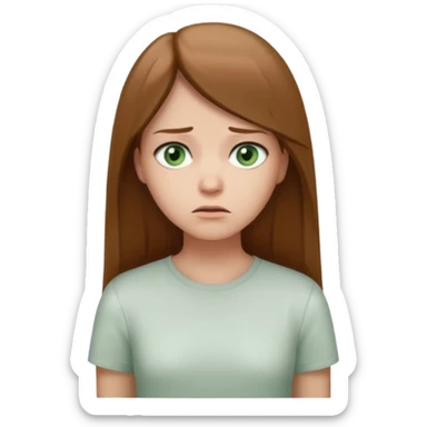 Cartoon emoji of a girl with long, straight light brown hair, fair skin, soft green eyes. Wearing a white top, standing slightly apart from a group, looking unsure and miserable. Nervous, fearful, lacking confidence. Smooth, simple, stylized." sticker