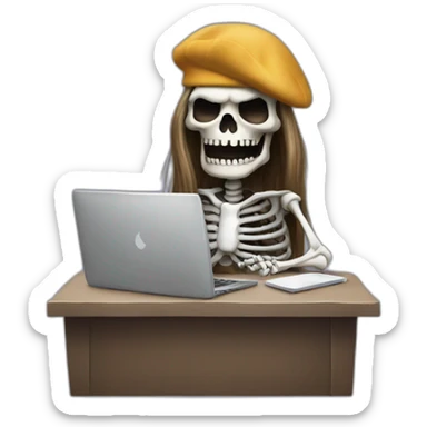 a-scary-skeleton-with-long-hair-and-beret-sitting-at-computer sticker