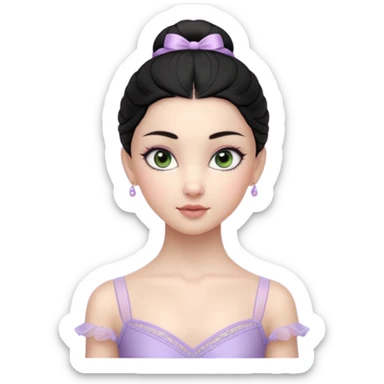 Cinematic Realistic ballerina Light Purple Portrait, depicted with lifelike skin texture, subtle rosy undertones, and soft natural lighting that enhances the gentle contours of her face. Her intricately detailed sweet black hair is elegantly styled, green eyes sticker