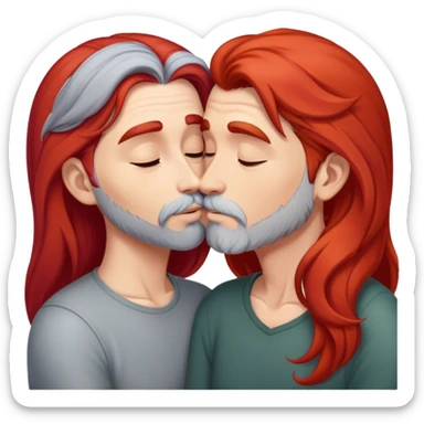 Long red hair woman kissing man with short gray hair and facial hair sticker