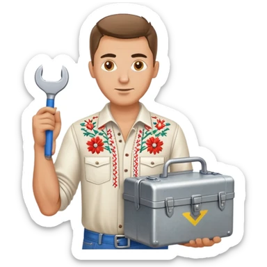 Ukrainian man in traditional embroidered shirt holding a toolbox sticker