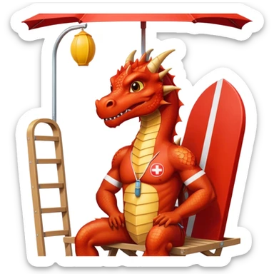 drangon as a human in a lifeguard uniform in a lifeguard stand sticker