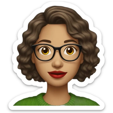 young-woman-with-glasses-and-red-lipstick-and-medium-length-wavy-brunette-hair-and-a-green-sweater-holding-a-book sticker