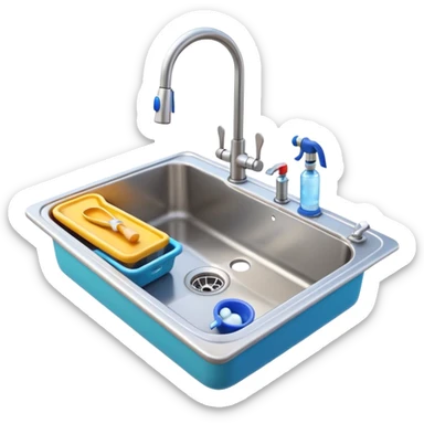 3D Pixar-style kitchen sink with a faucet and water running, some plumbing tools nearby, bright clean look, realistic but colorful, isolated on white

 sticker