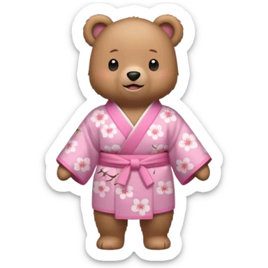A cute light-brown bear wearing a pastel pink sakura-patterned kimono, normal balanced body ratio.  
Standing under a blooming sakura tree, looking up at falling pink petals with a soft amazed smile.  
Kawaii emoji style, minimalistic clean sticker illustration, simple scenic background. sticker