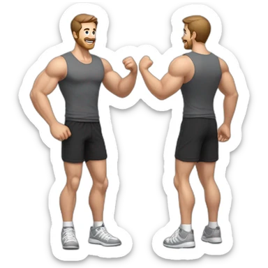 Full height realistic Actively gesturing with hands Pale skinned Fit Man With the biceps and brown hair in dark gray Sleeveless Mike, black oversize sports shorts, watch and white Sneakers sticker