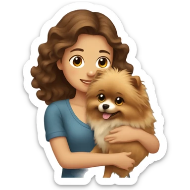 brown wavy haired girl hugging Pomeranian dog  sticker