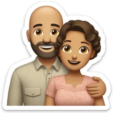 Brown-haired Puerto Rican woman with dark brown eyes wearing a cute blouse giving a comforting hug to a short, bald man with brown eyes, laugh lines, and a beard sticker