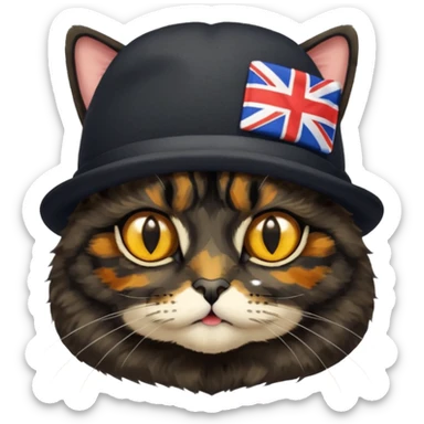 mostly black tortoiseshell cat, gold eyes, british hat sticker