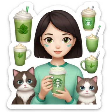 asian girl with shoart dark brown hair with a soft girl glowup aesthetic. matcha latte sparkles girly things, 2 ragdoll cats, skincare, makeup sticker