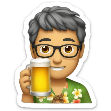 Japanese wearing glasses alohashirt is holding beer sticker