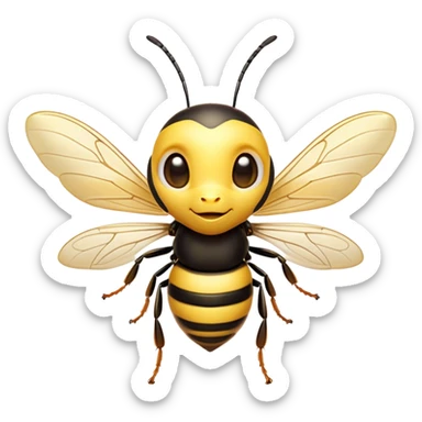 Cinematic Cute Wasp Portrait Emoji, Head tilted playfully and inquisitively, featuring a compact, delicately striped body with softened, endearing eyes and petite, translucent wings, Simplified yet irresistibly adorable features, highly detailed, glowing with a warm, inviting glow, high shine, affectionate and lively, stylized with a touch of whimsical insect charm, soft glowing outline, capturing the essence of a mischievous wasp that seems as if it could buzz out of the screen with a playful wink! sticker