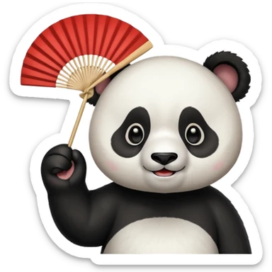 A panda waving a painted fan joyfully, cheeks puffed in excitement.
 sticker