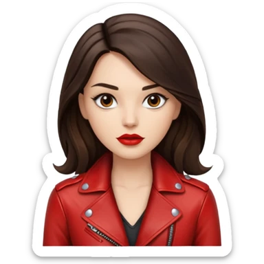 brunette with long hair in cuir jacket with red lips and black brown eyes sticker