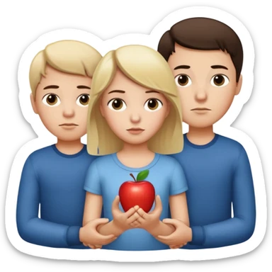 Apple iOS emoji style.
A girl holding hands with two boys at the same time,one boy si brunette the other blonde, one on each side.
The girl has a suspicious, guilty expression, slightly turned eyes.
The boys look neutral and unaware.
 smooth gradients, rounded shape sticker