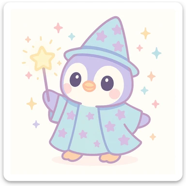 cute penguin wizard with a starry robe and a glowing wand, magical sparkles around sticker