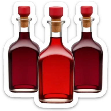 Red wine vinegar and oil bottles, elegant glass, dark brown to ruby, round or square base, slender neck, cork or metallic cap, dark glass, reflections, 3D clean style, transparent background, optimized for emoji size sticker