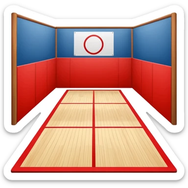 2d squash court with white wall and wood floor, with red lines sticker