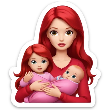 A barbie girl with makeup with dark brown hair long with a baby, a daughter, a girl with red hair, holding her hand in red clothes sticker