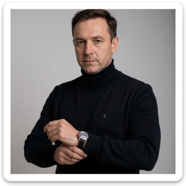 Vertical 2:3 photograph inspired by the reference image, featuring an elegant man in a black sweater, fasting theme. The man is looking at a watch to mark the start of the fast, in a minimalist environment with an atmosphere of anticipation. Realistic style, clearly conveying the concept of fasting. sticker